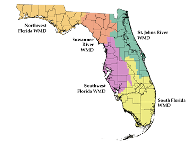 Map of Florida showing the five Water Management Districts