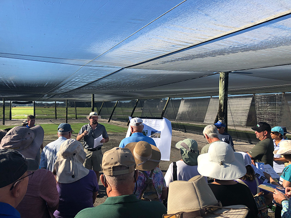 Man speaking to group about turfgrass under a shaded plot in a turf field