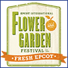 Illustration of a wooden sign reading Epcot Internation Flower and Garden Festival, Fresh Epcot