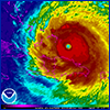 Red swirl marking a hurricane on a radar map