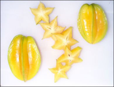 Carambola fruit with one cut in cross sections